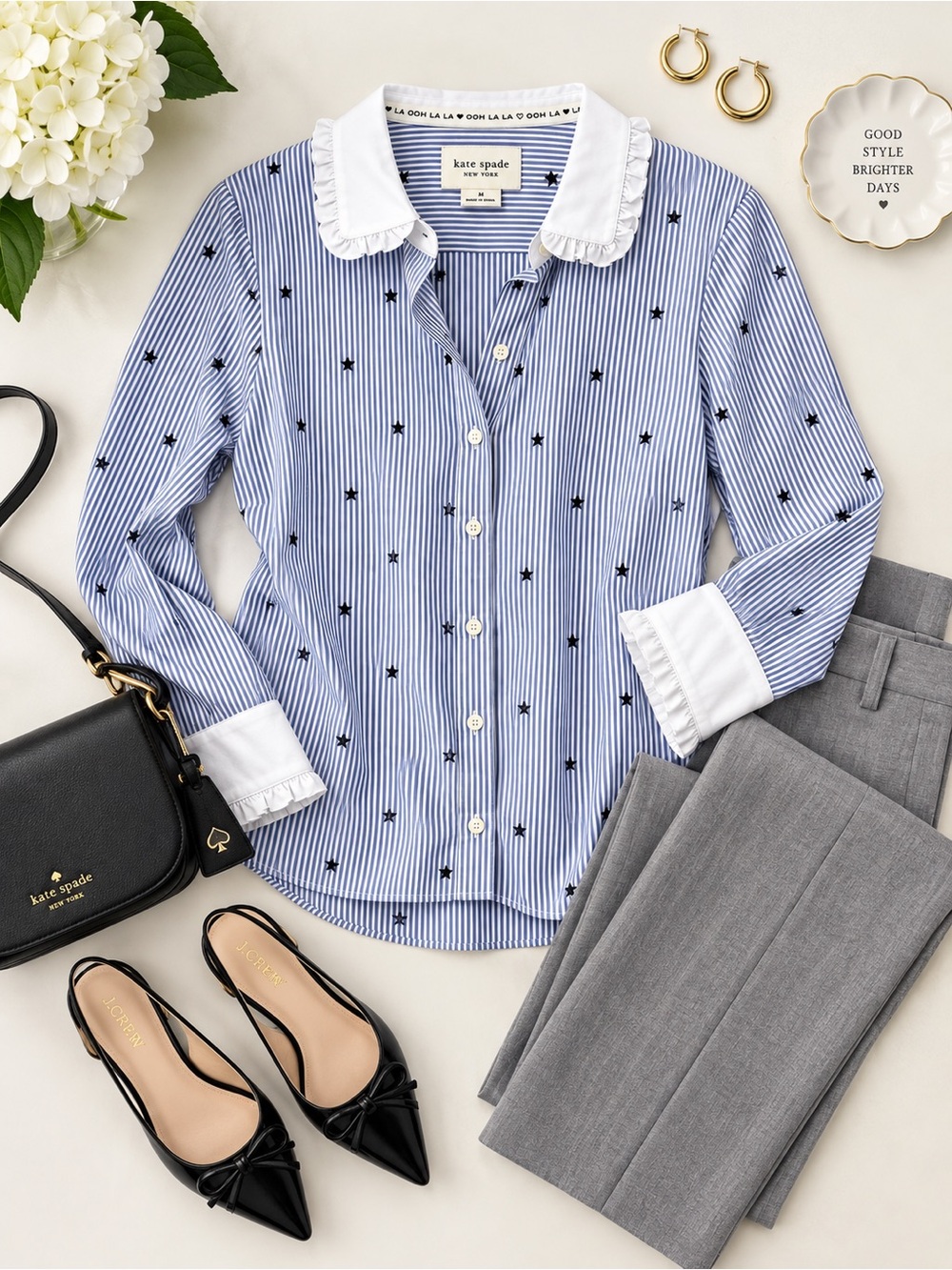 kate spade Blue Star Stripe Button-Up Shirt with White Ruffle Collar